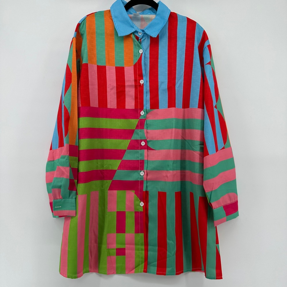 Geometric Striped Patchwork Button Down Tunic Shirt Multi-Color Size L NWOT
